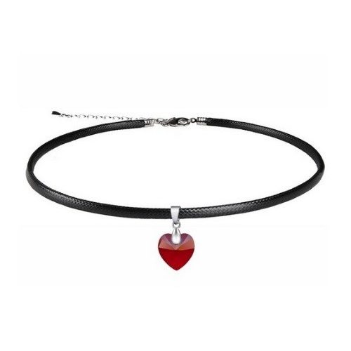 Kožený náhrdelník s príveskom srdiečka, Siam, zdobený kryštálmi Swarovski