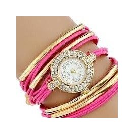   Dámske náramkové hodinky zdobené kamienkami, zapletaný efekt, ružová