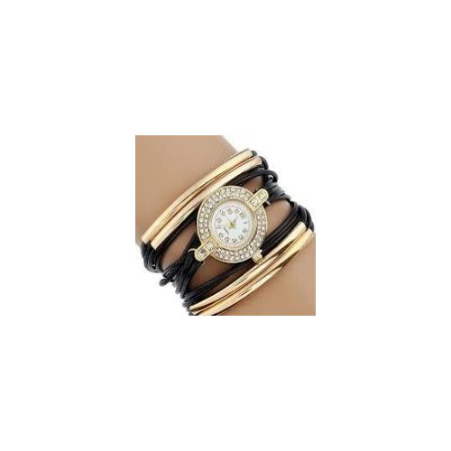 Dámske náramkové hodinky zdobené kamienkami, zapletaný efekt, čierna