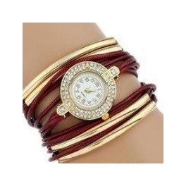   Dámske náramkové hodinky zdobené kamienkami, zapletaný efekt, červená