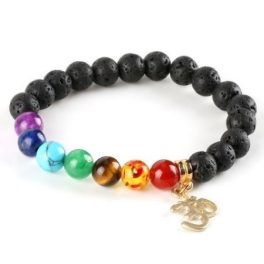   Meditačný náramok s čiernymi korálkami z lávového kameňa, znak OM