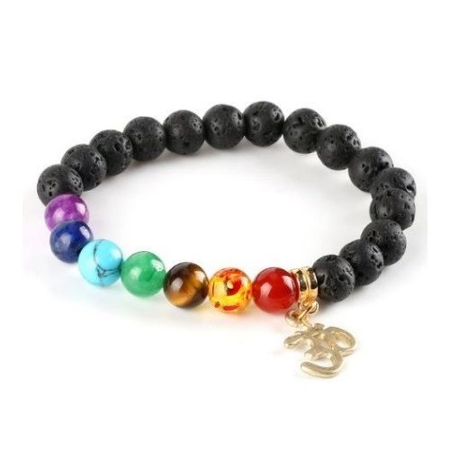 Meditačný náramok s čiernymi korálkami z lávového kameňa, znak OM