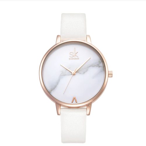 Dámske hodinky so vzorom Shengke Marble s koženým remienkom, biela farba