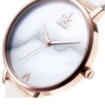 Dámske hodinky so vzorom Shengke Marble s koženým remienkom, biela farba