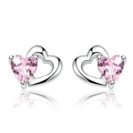   Strieborné náušnice s dvojitým srdcom, ružový kryštál
