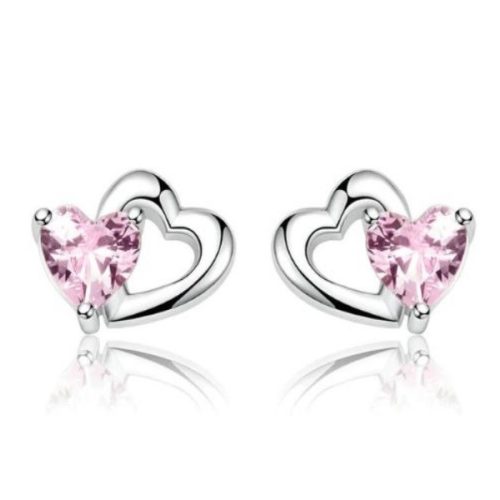 Strieborné náušnice s dvojitým srdcom, ružový kryštál