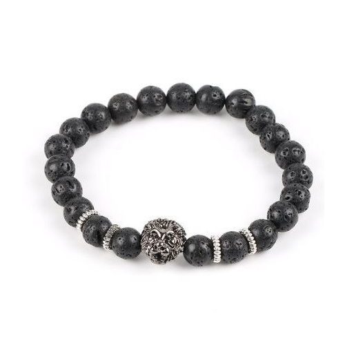 Náramok lev s čiernymi korálkami z lávového kameňa, čierny