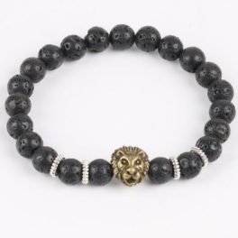   Náramok lev s čiernymi korálkami z lávového kameňa, farba bronz