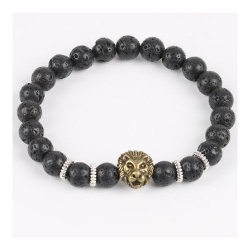 Náramok lev s čiernymi korálkami z lávového kameňa, farba bronz