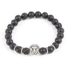   Náramok lev s čiernymi korálkami z lávového kameňa, strieborná