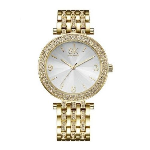 Elegantné dámske náramkové hodinky s kryštálmi v zlatej farbe