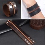 Široký náramok, kožený, hnedý, s kovovým zapínaním