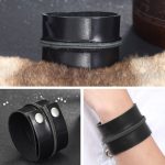 Široký náramok, kožený, čierny, s kovovou sponou