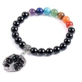   Čierny ónyxový náramok s príveskom strom života a farbami 7 čakier