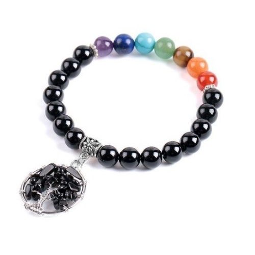 Čierny ónyxový náramok s príveskom strom života a farbami 7 čakier