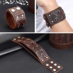 Široký náramok, kožený, hnedý, s čipkovaným koženým pásikom