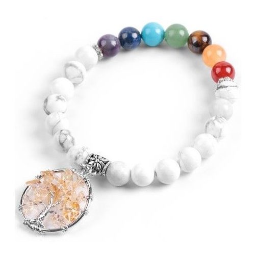 Howlit náramok s farbami 7 čakier, s príveskom strom života