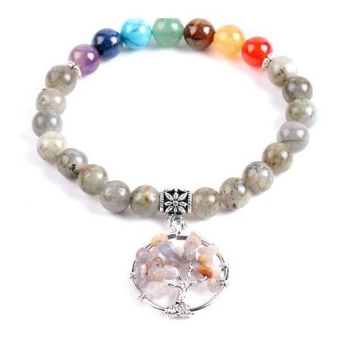 Labradoritový náramok s príveskom strom života a farbou 7 čakier