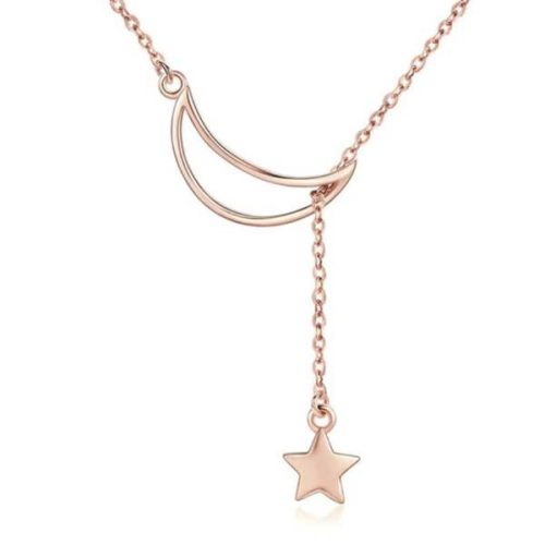 Strieborný náhrdelník s ozdobou mesiac a hviezda, ružové zlato, ružové zlato