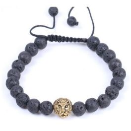 Čierny náramok z lávových kameňov s hlavou leva