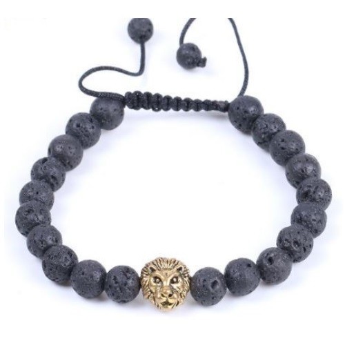 Čierny náramok z lávových kameňov s hlavou leva
