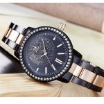 Dámske náramkové hodinky, s kovovým remienkom, čierno-ružovo-zlaté