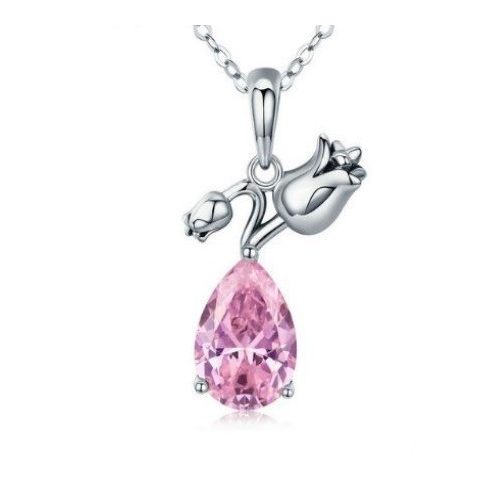 Strieborný náhrdelník s príveskom tulipán, zdobený kryštálom, ružová