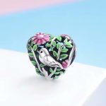 Ezüst charm, szív madárral