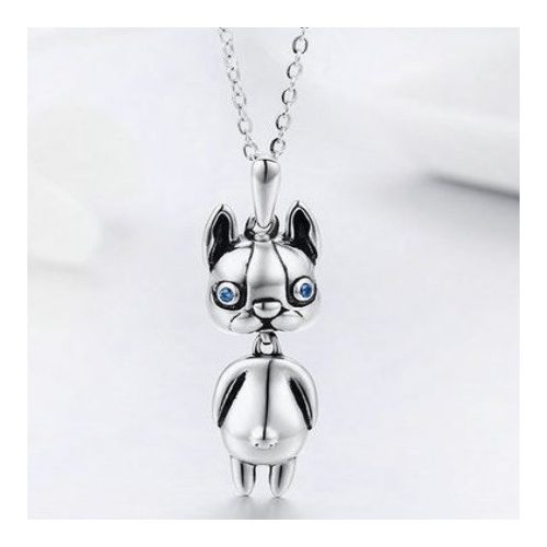 Strieborný náhrdelník s príveskom psíka a modrým kryštálom