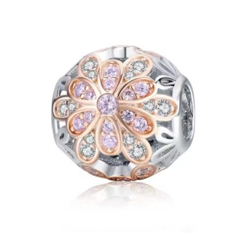 Ezüst charm, virág, rózsaarany