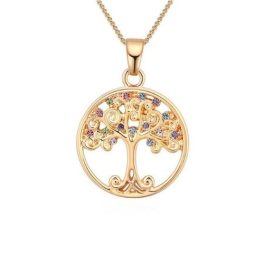   Náhrdelník s príveskom strom života, farebné kryštály, šampanské zlato
