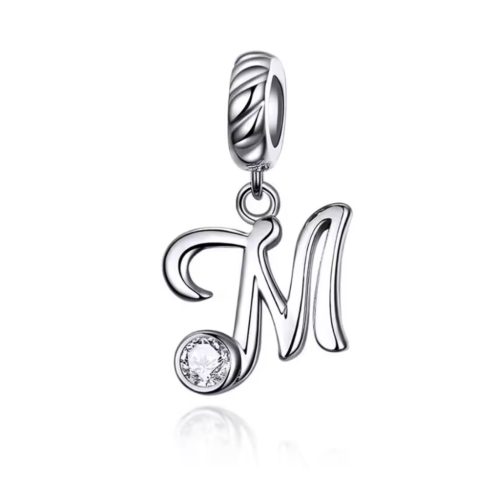 Ezüst charm, M betű cirkónium kristállyal