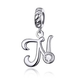 Ezüst charm, N betű cirkónium kristállyal