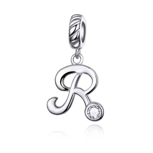 Ezüst charm, R betű cirkónium kristállyal