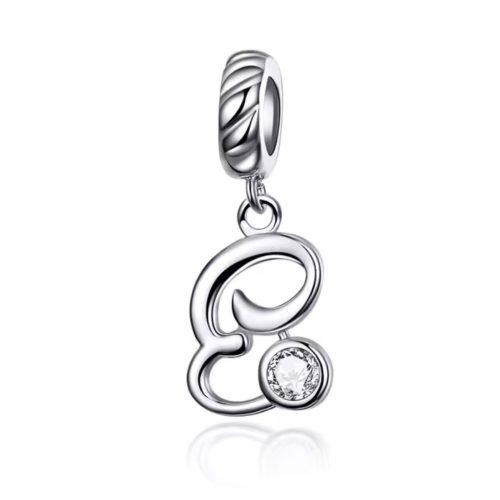 Ezüst charm, E betű cirkónium kristállyal