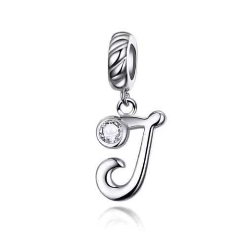 Ezüst charm, J betű cirkónium kristállyal