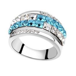   Kubický kamienkový prsteň, Aquamarine, zdobený kryštálmi Swarovski, 7.5