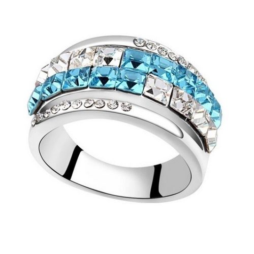 Prsteň s kubickým kameňom, Aquamarine, zdobený kryštálmi Swarovski, 8.5