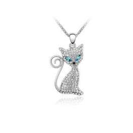   Náhrdelník s príveskom mačky s kamienkami Swarovski, akvamarín