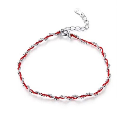 Ezüst karkötő zsinórral, piros