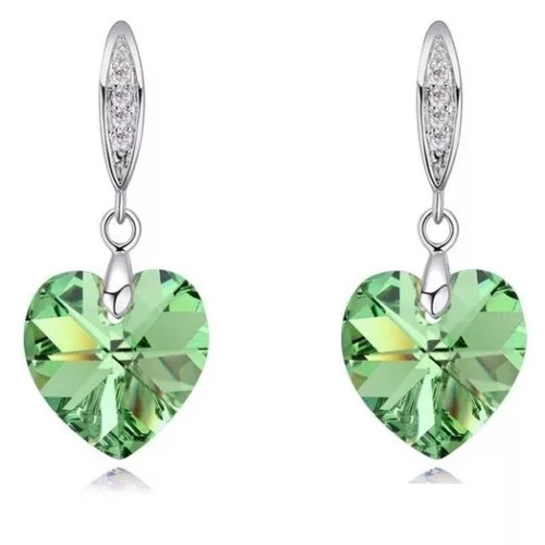 Náušnice s príveskom srdca, Peridot zelené, zdobené krištáľmi Swarovski