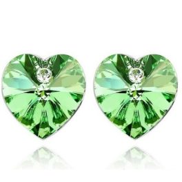   Srdiečkové náušnice, peridot, zdobené kryštálmi Swarovski