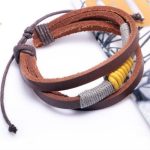 Trojitý náramok, kožený, žlto/šedý, so šnúrkou