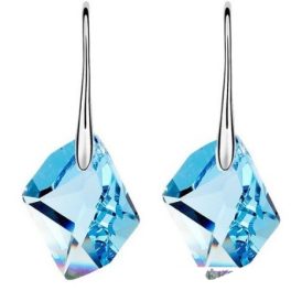   Kosoštvorcové náušnice, akvamarín, zdobené kryštálmi Swarovski
