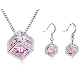 Súprava náušníc a náhrdelníka v tvare kocky, ružová