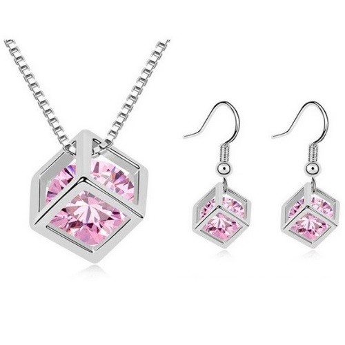 Súprava náušníc a náhrdelníka v tvare kocky, ružová