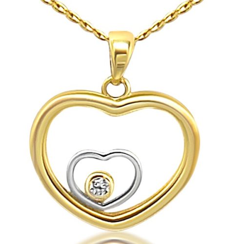 Prívesok srdce v srdci zo 14 kt zlata s krištáľom