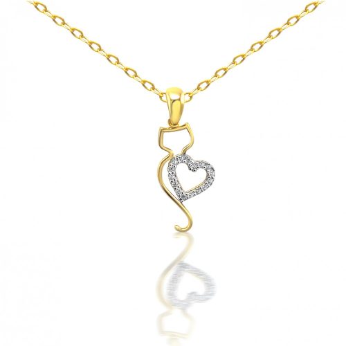 Prívesok zo 14k zlata v tvare mačky a srdca, krištáľ