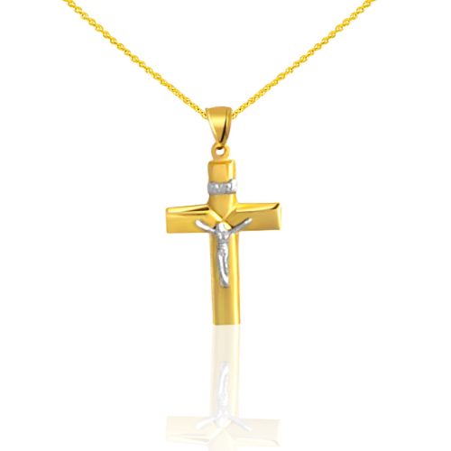 Prívesok zo 14k zlata s krížikom, vykladaním z bieleho zlata a motívom Ježiška