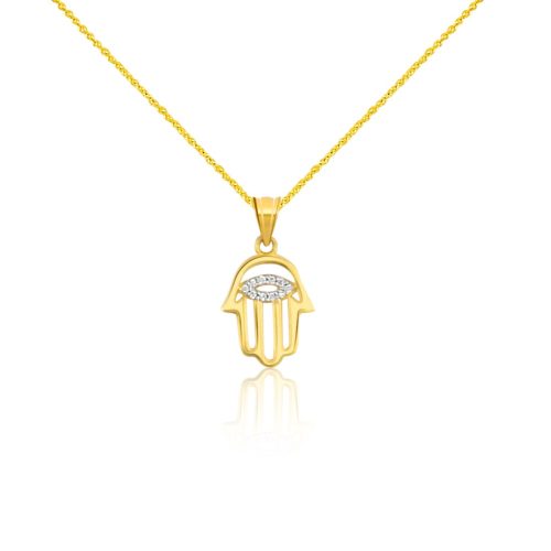Prívesok zo 14k zlata, ruka Fatimy, zdobený kryštálmi